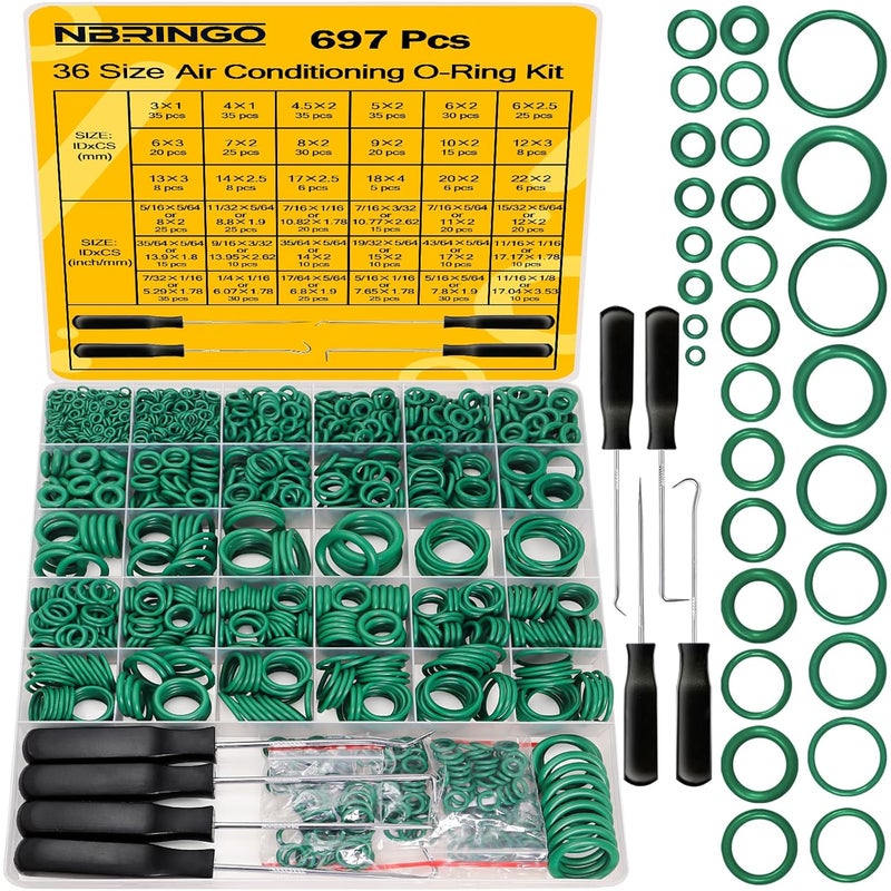 NBRINGO 697 PCS AC O Ring Kit - Metric & SAE Green O-Rings for R12/R134a, with 4 Pick & Hook Tools, Universal Car A/C Seal Kit for Compressor, AC Lines - Automotive Air Conditioning Repair Set - Image 1